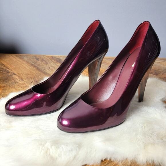Miu Miu Plum Patent Wood Heel Pumps, Sz EU 38 / US 8 - Picture 1 of 16
